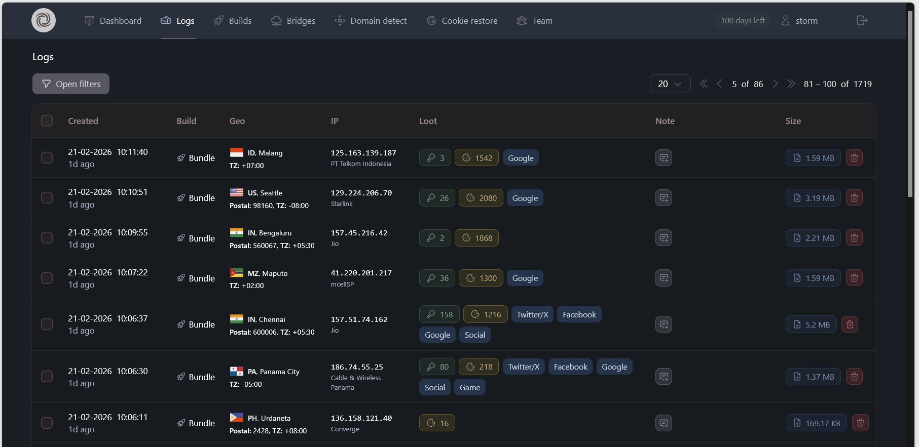 Interface web de gestion des victimes d'un infostealer