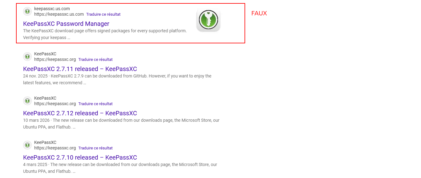 Faux site de téléchargement du logiciel Keepass