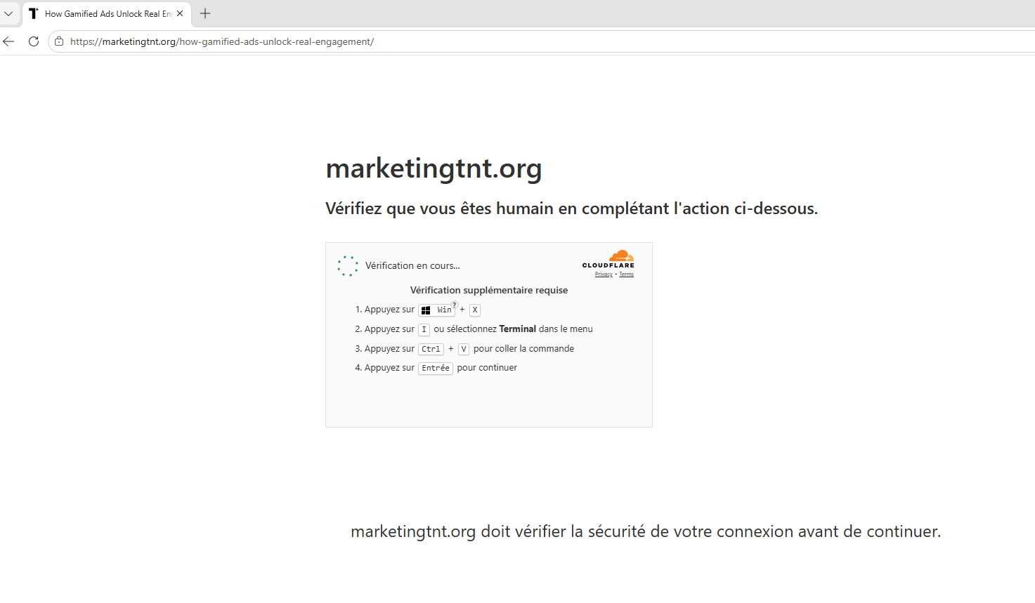 Faux site de vérification CAPTCHA (ClickFix) menant à l'exécution d'une commande malveillante